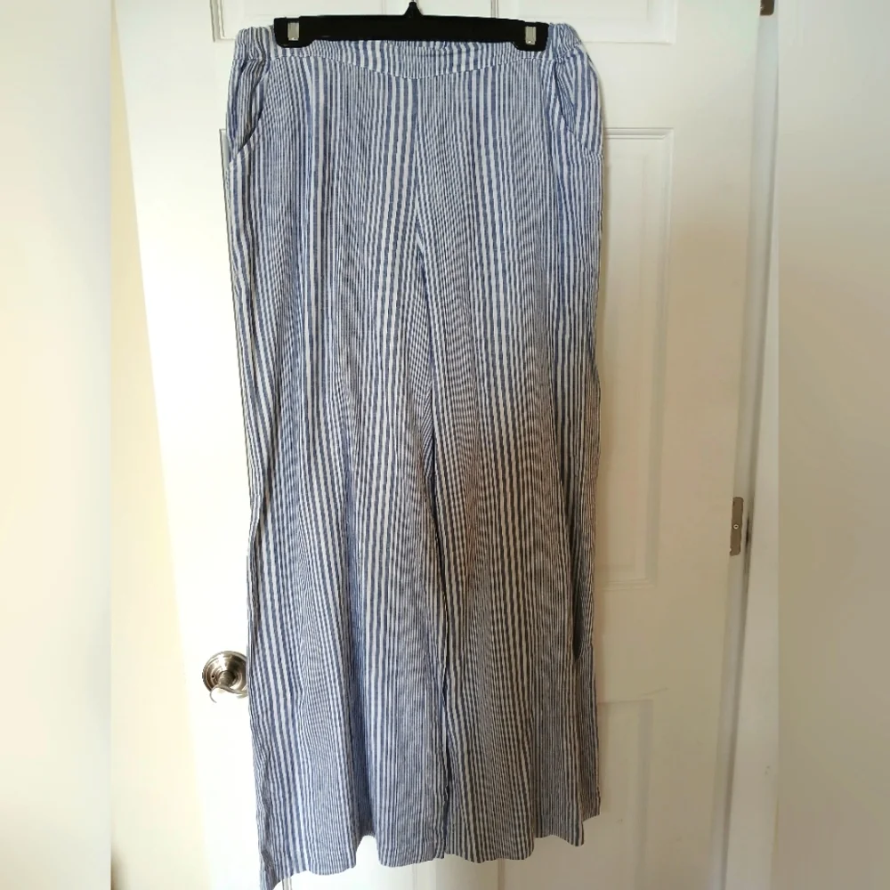Striped Blue White Wiide Leg, 55% Linen 45% Cotton Elastic Waist Pants - Picture 2 of 10